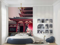 Zen Temple View wallpaper Japanese pagoda red parasol.