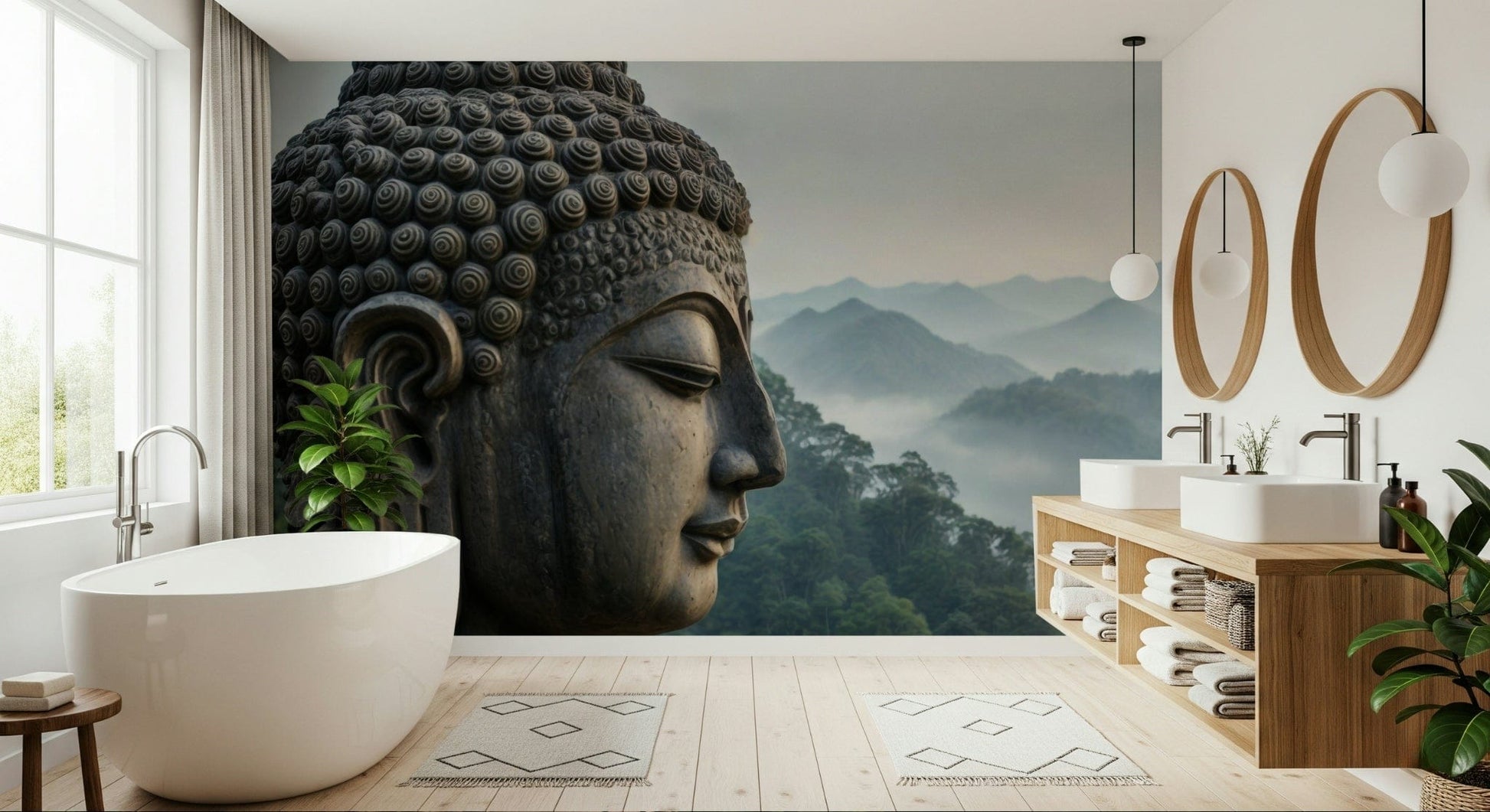 Zenith Buddha Vista Wall Mural installed behind a wooden desk in a home office.