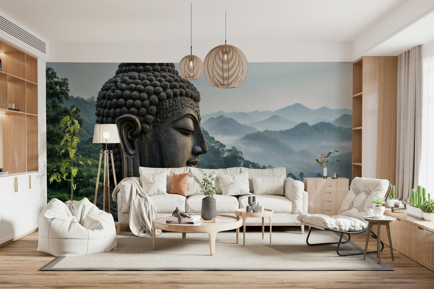 Zenith Buddha Vista Wall Mural in a minimalist modern living room with gray furniture.
