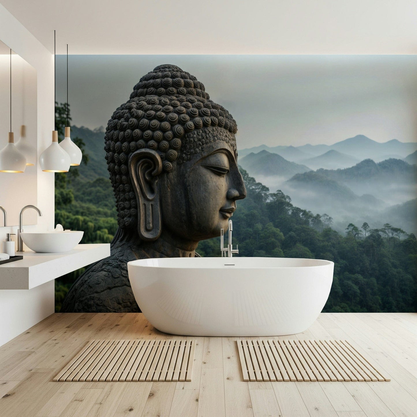 Modern entryway wall decor showing the Zenith Buddha Vista in soft lighting.