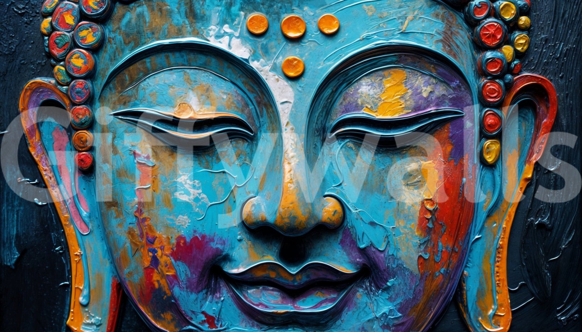 Large scale Zenith Buddha Wall Mural in an open-plan living space.