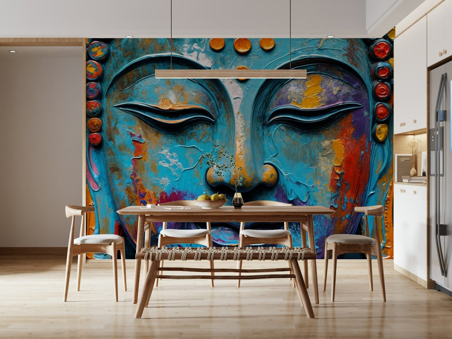 Dark charcoal and gold Buddha wallpaper for a sophisticated dining area.
