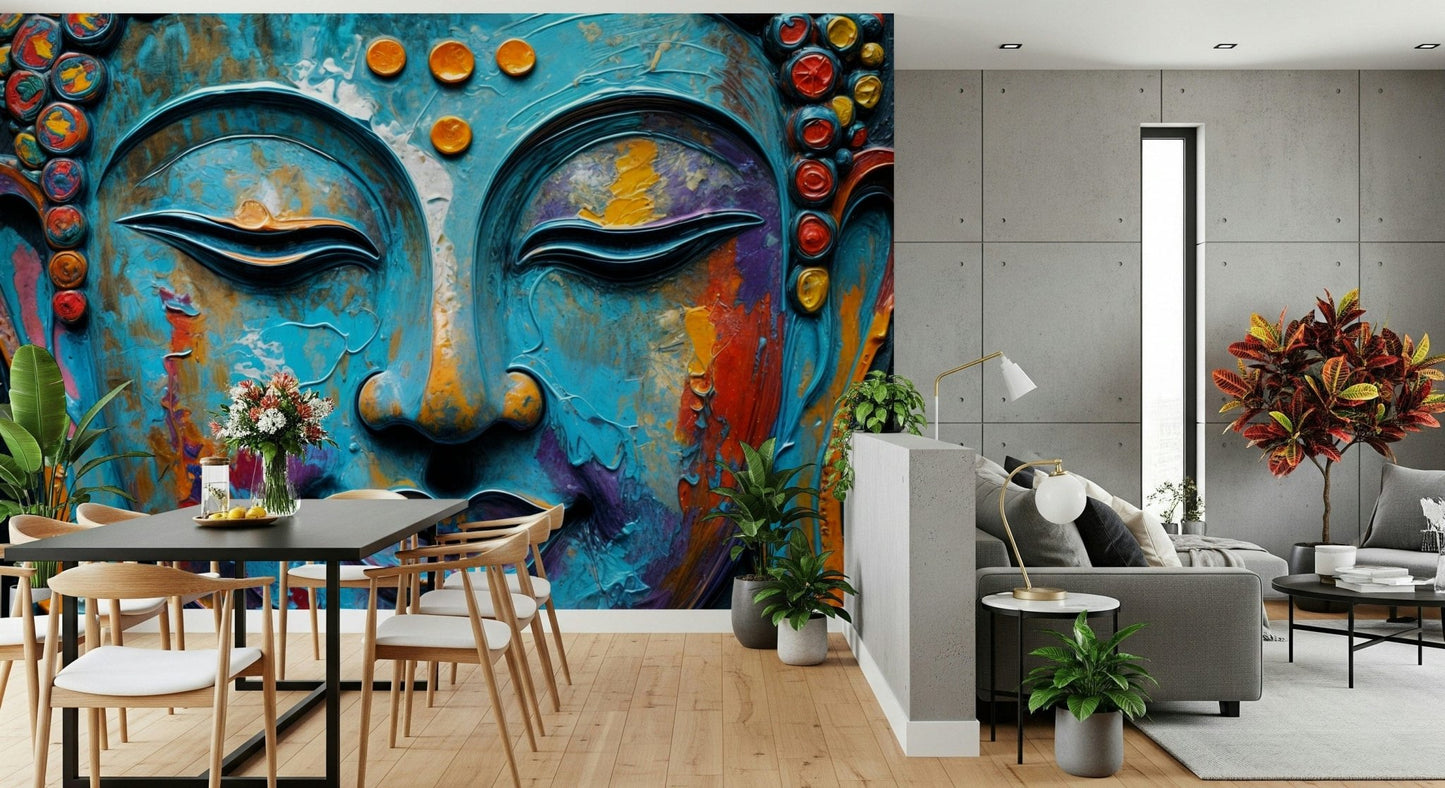 Minimalist line art Buddha mural for a clean apartment bedroom wall.