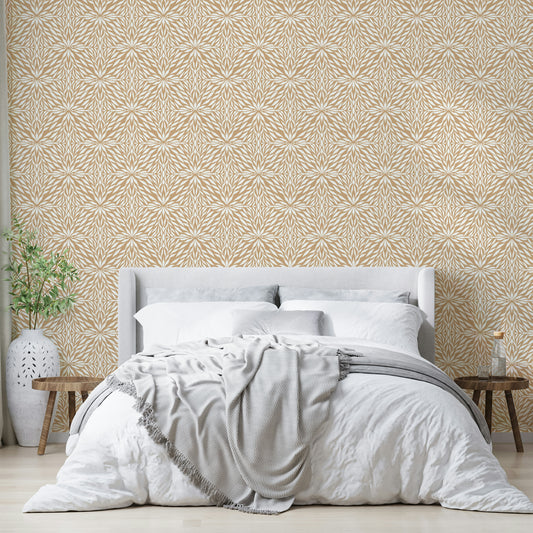 Earthy wallpaper mural with abstract leaf pattern

