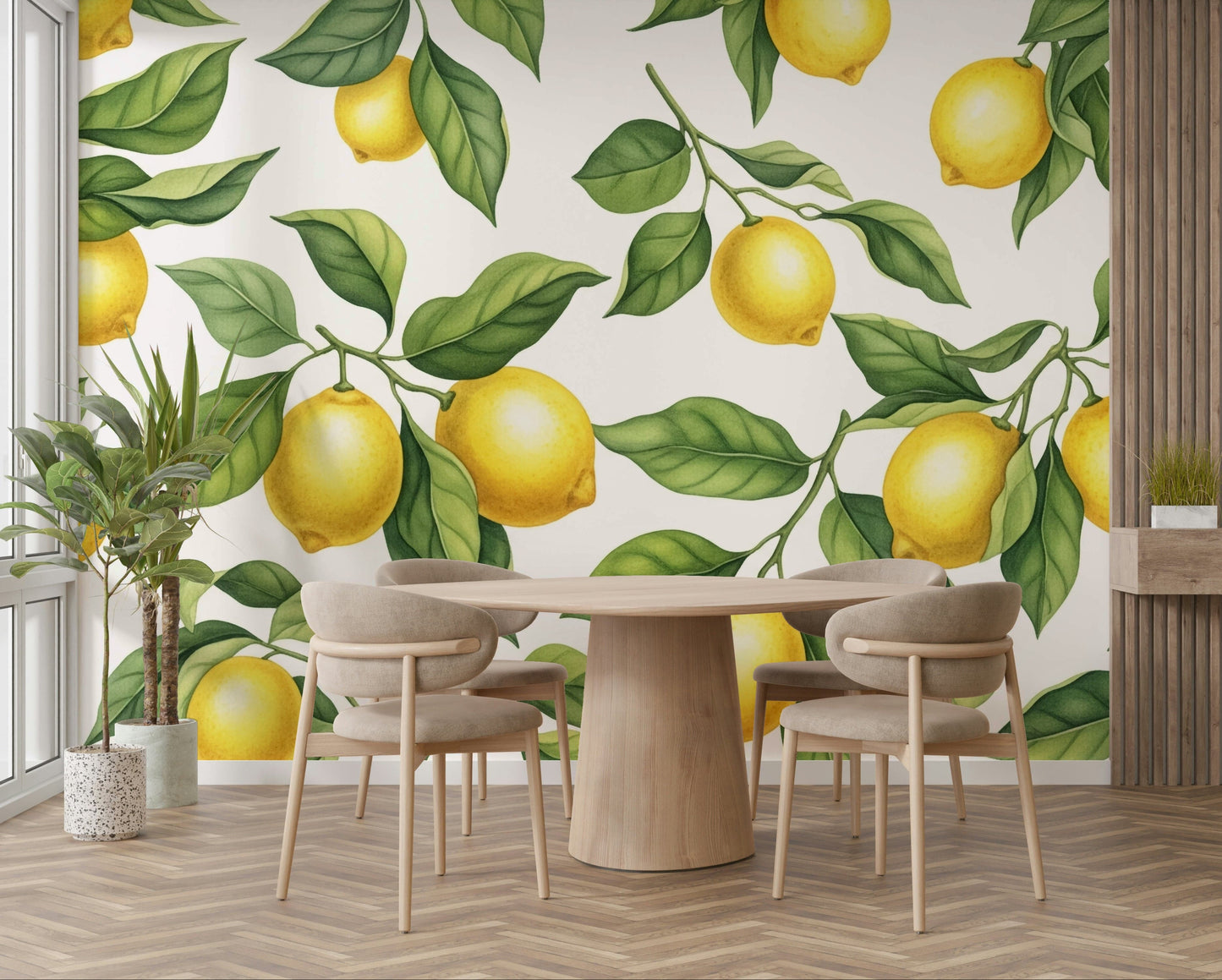 A dining area decorated with a lemon mural