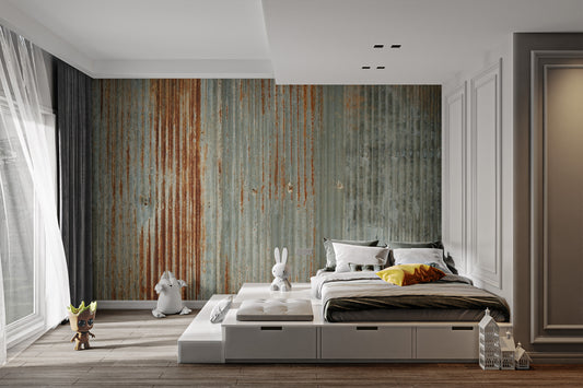 Faux Rust Metallic wallpaper mural shown as a full feature wall that highlights the design