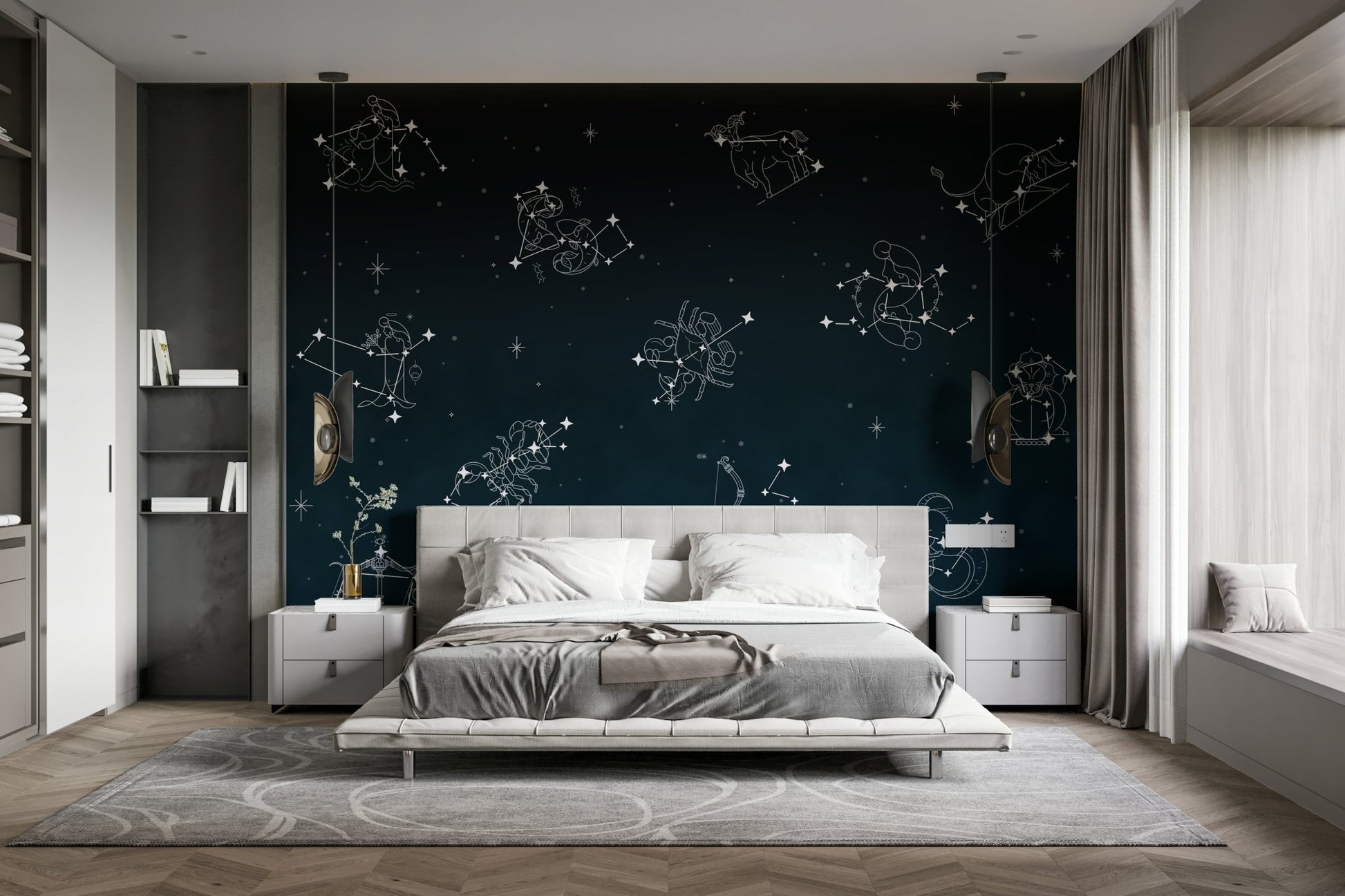 The zodiac symbols and constellations are a central focus of the image.

